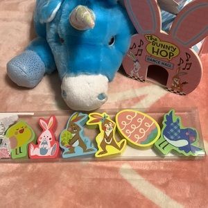 Soft, Unicorn 🦄 Easter Basket 🧺 with Wooden Bunny house and Wooden Animals.